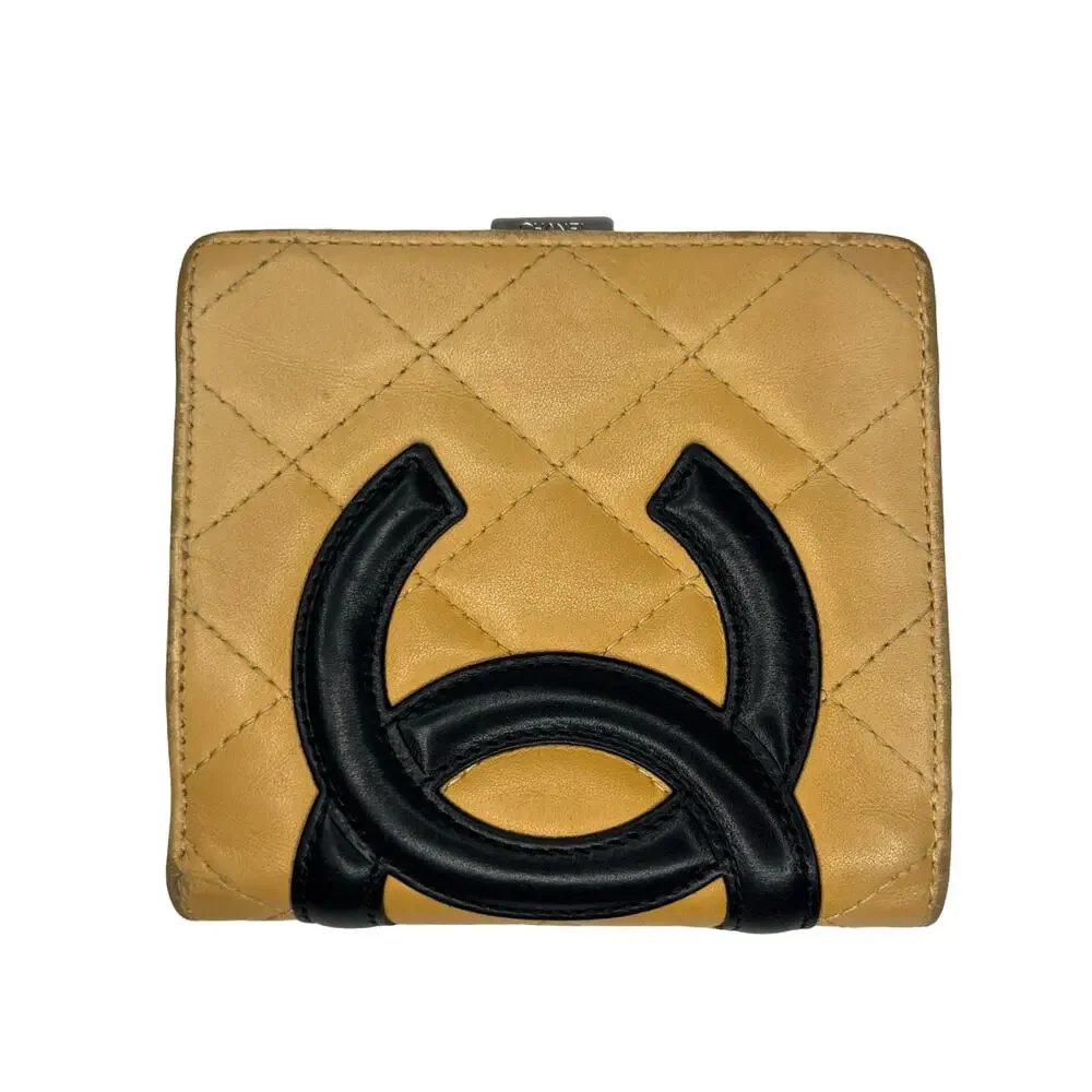 Chanel Vintage Cambon Ligne French Purse Compact Wallet Beige Black CC 9 Series